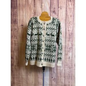 Wool 100% Knit Cardigan Sweater Green and Cream Women's Size M READ